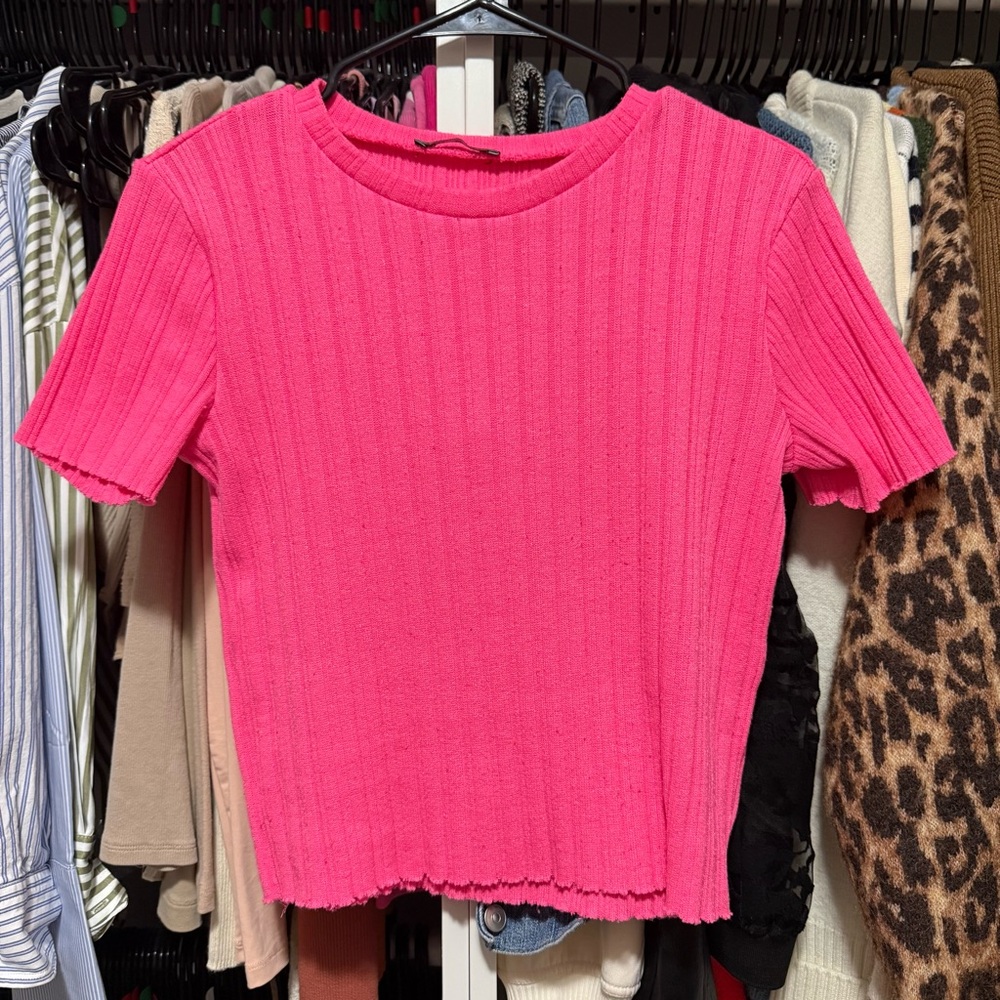 Zara Ribbed Knit Crop Top | Bright Pink | Size M